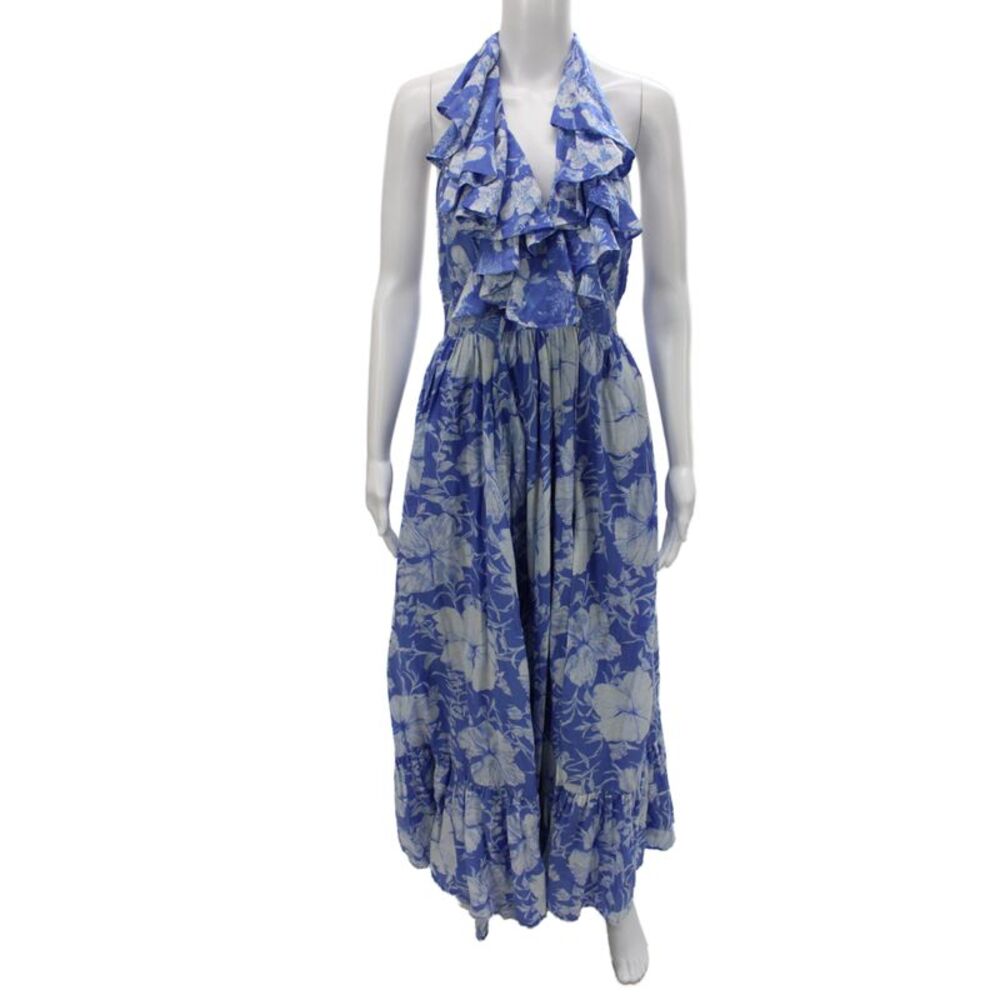 Love Shack Fancy Women Blue Floral Maxi Sundress Sleeveless Cotton Silk Size 6